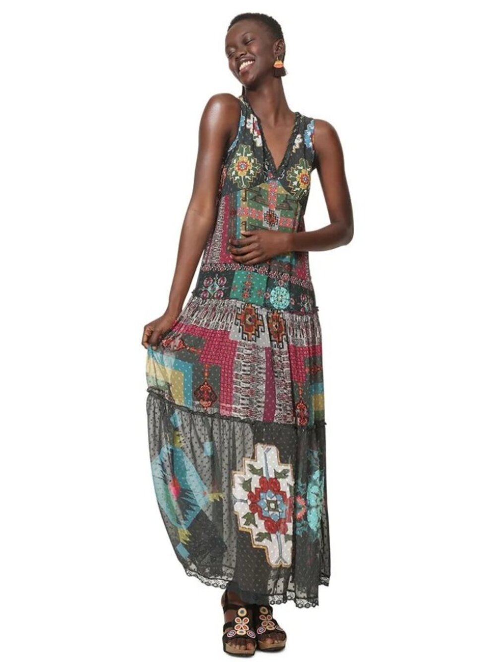 Desigual Nicole Aztec Southwestern Print Boho Maxi Dress Size L (12/14) US, 46EU